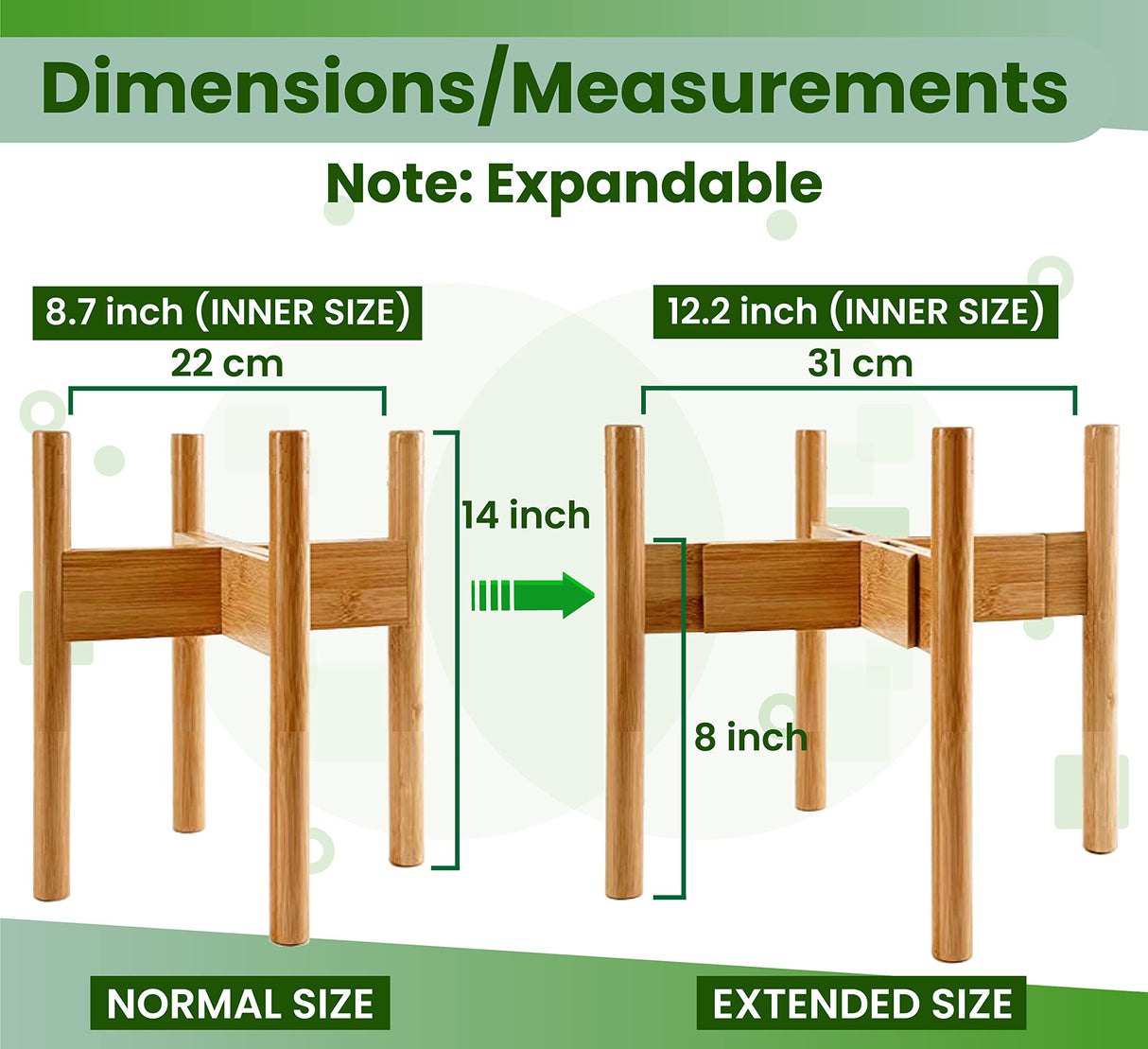 ZPirates Plant Stand for Indoor - Adjustable Sideways to fit 8 10 or 12 Inch-wide Medium-Large Planter Pots of Live and Fake Floor Plants [Leg14-inch Tall] - Bamboo Wood ZPirates