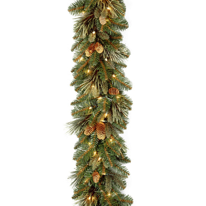 National Tree Company Pre-Lit Artificial Christmas Garland, Green, Carolina Pine, White Lights, Decorated with Pine Cones, Battery Operated, Christmas Collection, 9 Feet