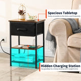 LAKEMID Nightstands Set of 2 with Charging Station and Drawer, End Table Side Table with 20 Colors LED Light Strip and 2 Layers Shelf for Bedroom Living Room Sofa (Rustic Brown) LAKEMID