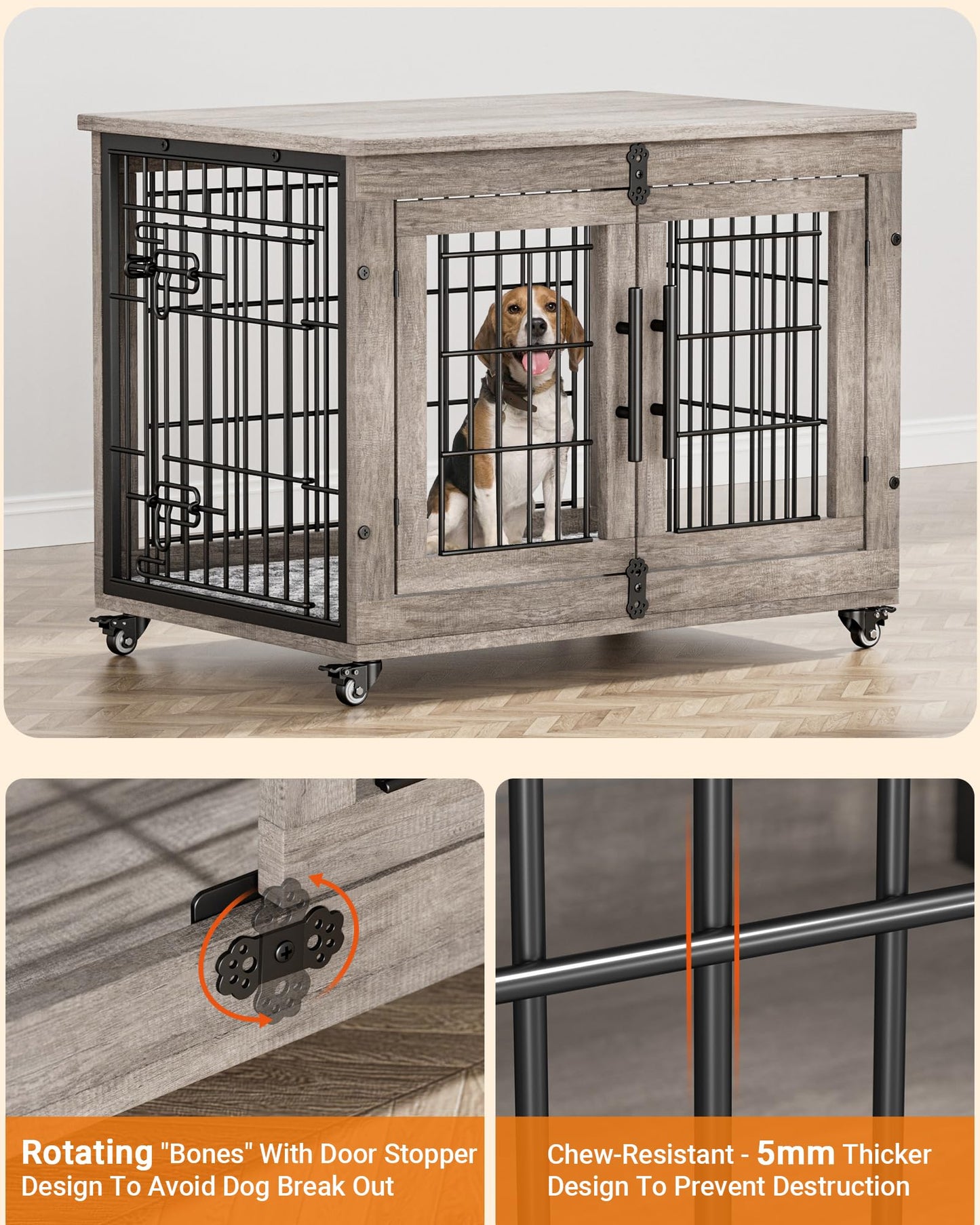 Lulive Dog Crate Furniture, Dog Kennel Indoor Double Doors Wooden Dog Cage, 33'' Heavy Duty Dog Crate with Cushion & Wheels, Decorative End Table Pet House Chew-Resistant for Medium/Small Dog, Grey