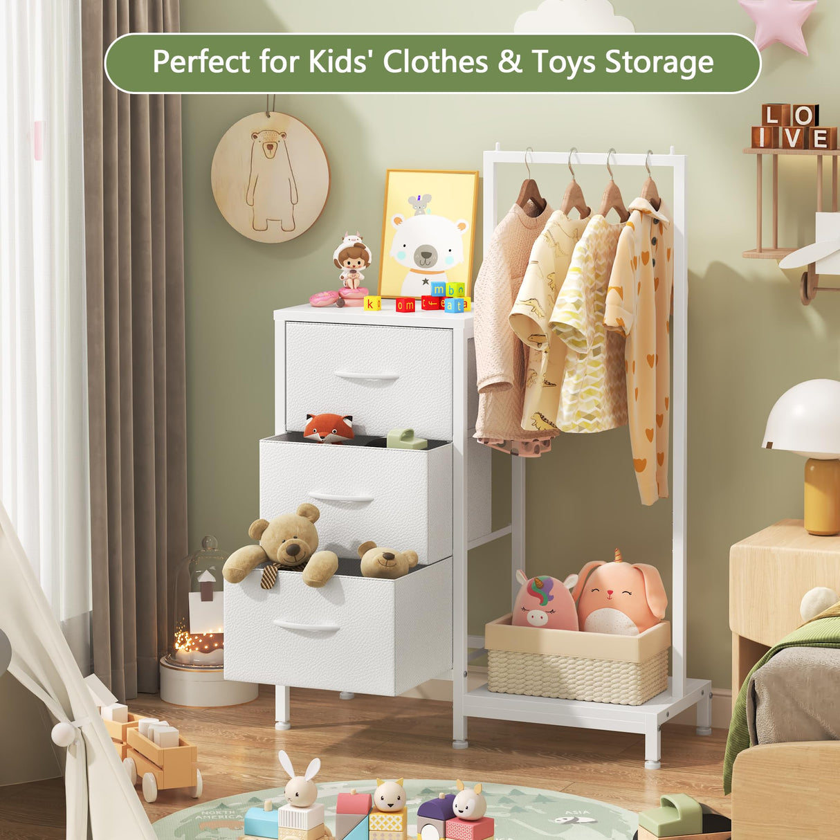 AFLUI Dresser for Bedroom with Hanging Rack, 3 Drawers Dresser for Bedroom - White AFLUI