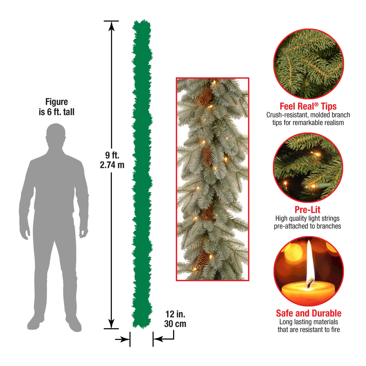 National Tree Company Pre-Lit 'Feel Real' Artificial Christmas Garland, Green, Arctic Spruce, White Lights, Decorated With Pine Cones, Plug In, Christmas Collection, 9 Feet National Tree Company
