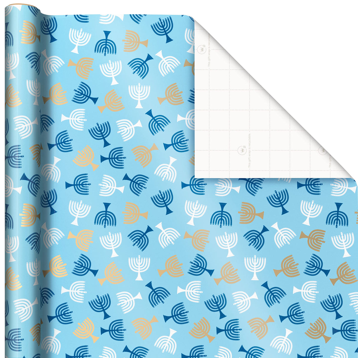 Hallmark Tree of Life Hanukkah Wrapping Paper with Cutlines on Reverse (3 Rolls: 120 Sq. Ft. Total) Blue and Gold Star of David, Menorahs, Candles, Dreidels Hallmark