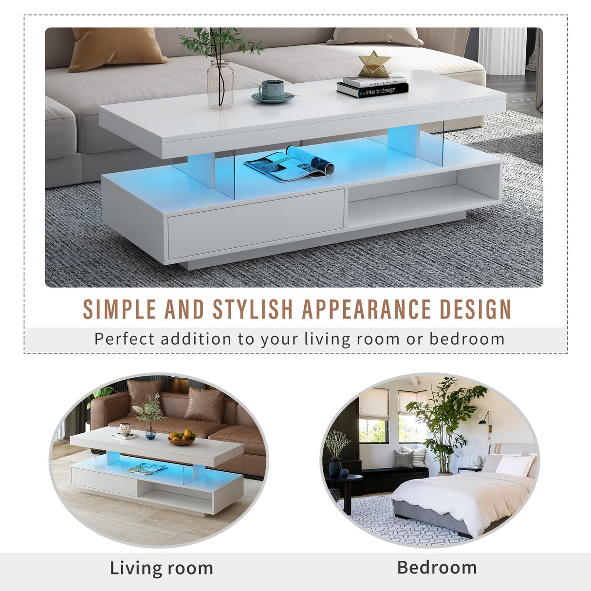 LUMISOL High Gloss Coffee Table with 16 Color LED Lights, UV Cocktail Table with Storage Drawer, Modern Center Table with Storage Shelf for Living Room, White LUMISOL