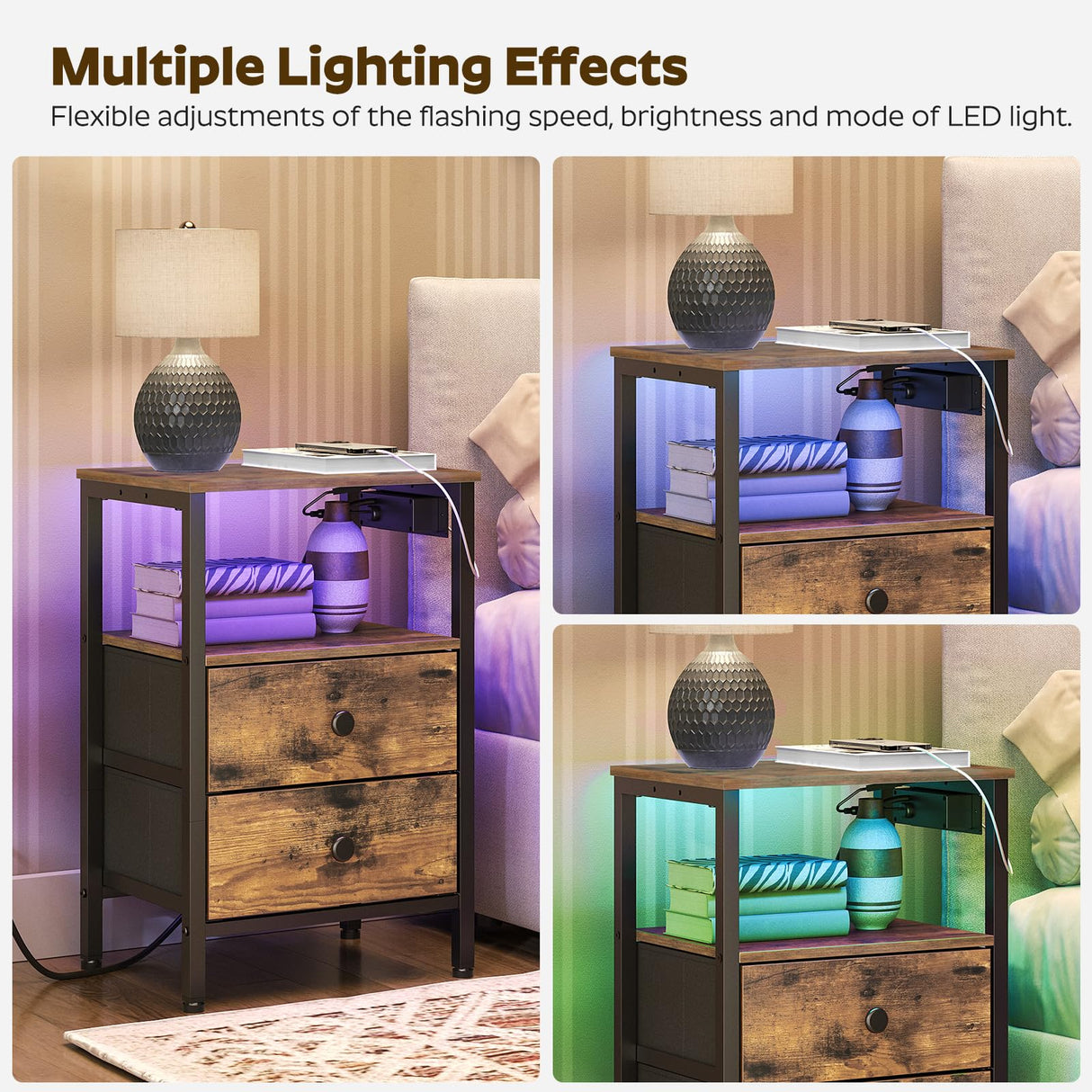 YATINEY Nightstands with Charging Station, Night Stand Set of 2 with LED Lights, Side Table with 2 Non-Woven Drawers, End Table Bedroom, Bedside Tables for Bedroom, Rustic Brown and Black ET12L2BR YATINEY