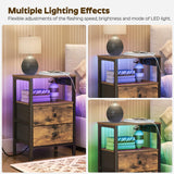 YATINEY Nightstands with Charging Station, Night Stand Set of 2 with LED Lights, Side Table with 2 Non-Woven Drawers, End Table Bedroom, Bedside Tables for Bedroom, Rustic Brown and Black ET12L2BR YATINEY