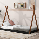 Wood Teepee Bed Twin Size Floor Beds for Kids, Montessori Style House Tent Bed Frame for Boys Girls Teens, No Spring Box Needed, Black with Brown Bellemave