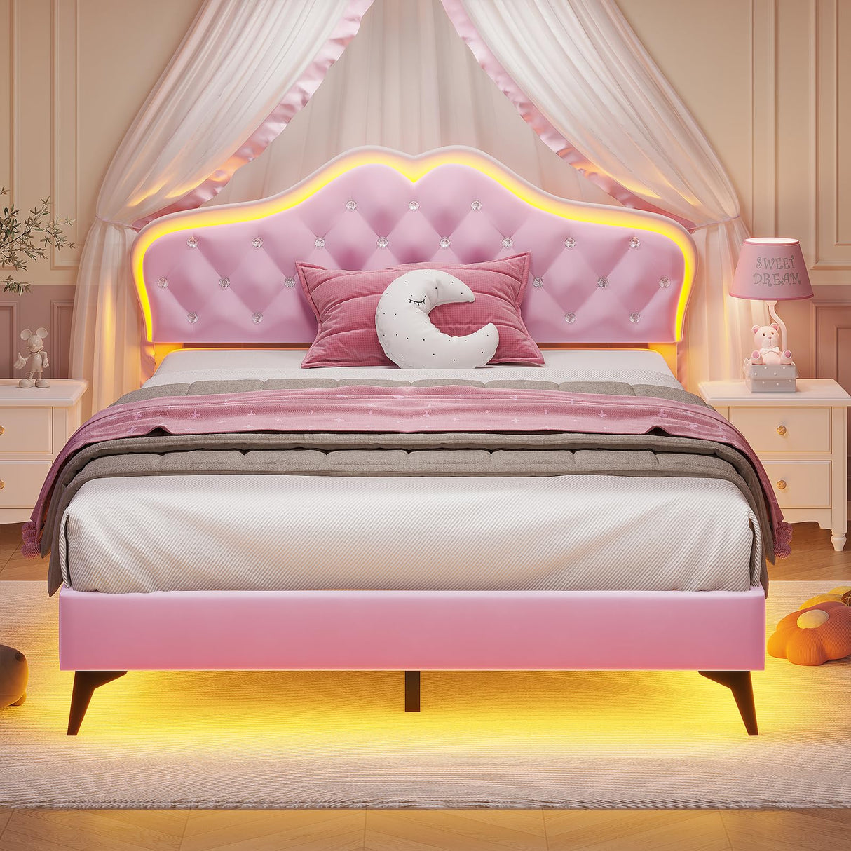 ADORNEVE Full Size Upholstered LED Bed Frame, Girls Bed with Adjustable Crystal Button Headboard, Velvet Princess Platform Bed for Girls, Solid Wooden Slats, Easy Assembly, Pink ADORNEVE