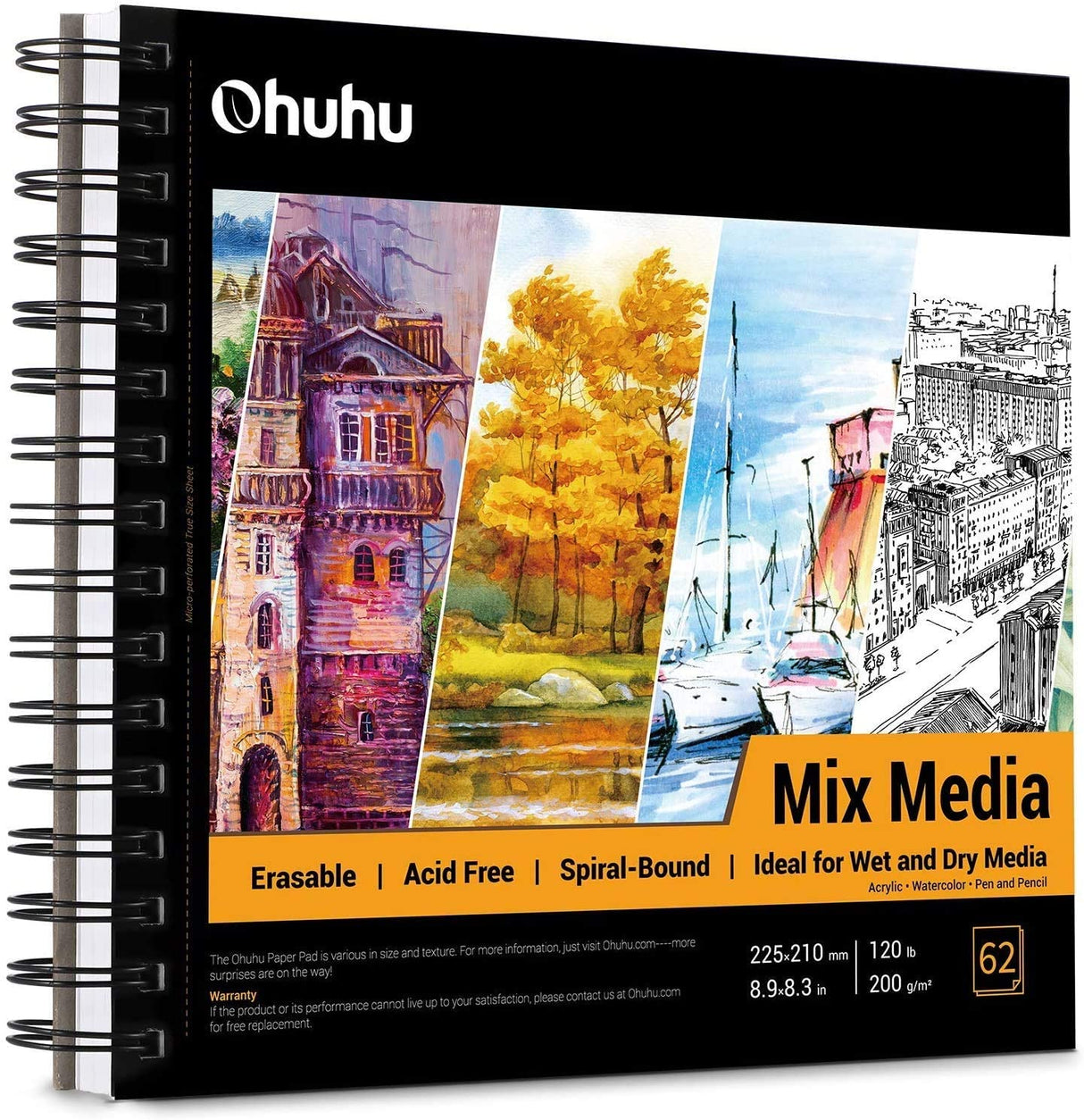 Ohuhu Mix Media Pad, 8.3"x8.3" Mixed Media Art Sketchbook, 120 lb/200 GSM Heavyweight Papers, 62 Sheets/124 Pages, Spiral Bound Mixed Media Paper Pad for Acrylic, Painting Christmas Gift Ohuhu