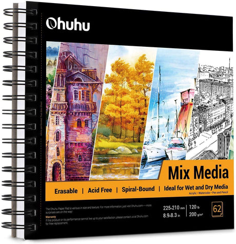 Ohuhu Mix Media Pad, 8.3"x8.3" Mixed Media Art Sketchbook, 120 lb/200 GSM Heavyweight Papers, 62 Sheets/124 Pages, Spiral Bound Mixed Media Paper Pad for Acrylic, Painting Christmas Gift Ohuhu