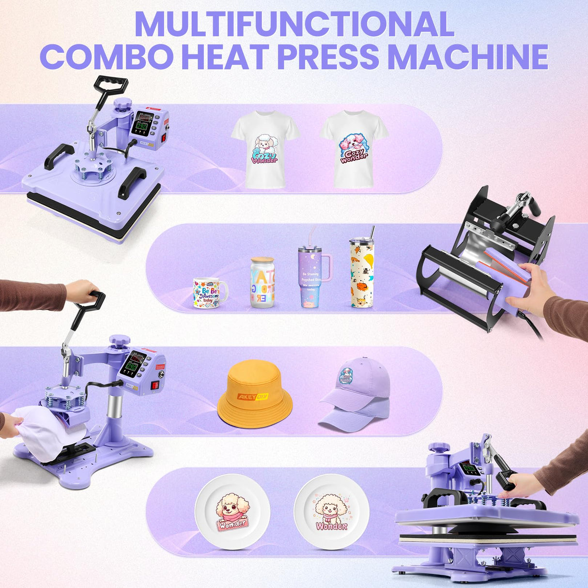 AKEYDIY Upgraded 5 in 1 Heat Press Machine for Tshirts 12X15 Inch, 360° Swing Away Shirt Press Machine for Sublimation, Multifunctional Heat Transfer Machine Combo for Shirts (Purple-5 in 1) AKEYDIY