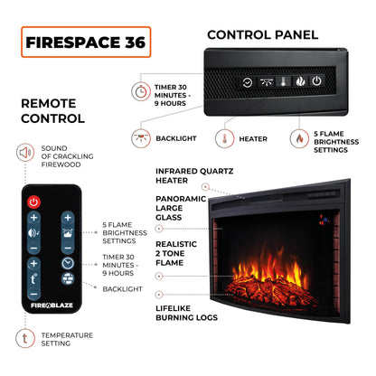 FIREBLAZE Firespace 36” Curved Glass Electric Fireplace Insert, 36 inch Wide Recessed, Infrared Quartz Heater with Crackling Sound, Remote Control, Timer and overheating Protection