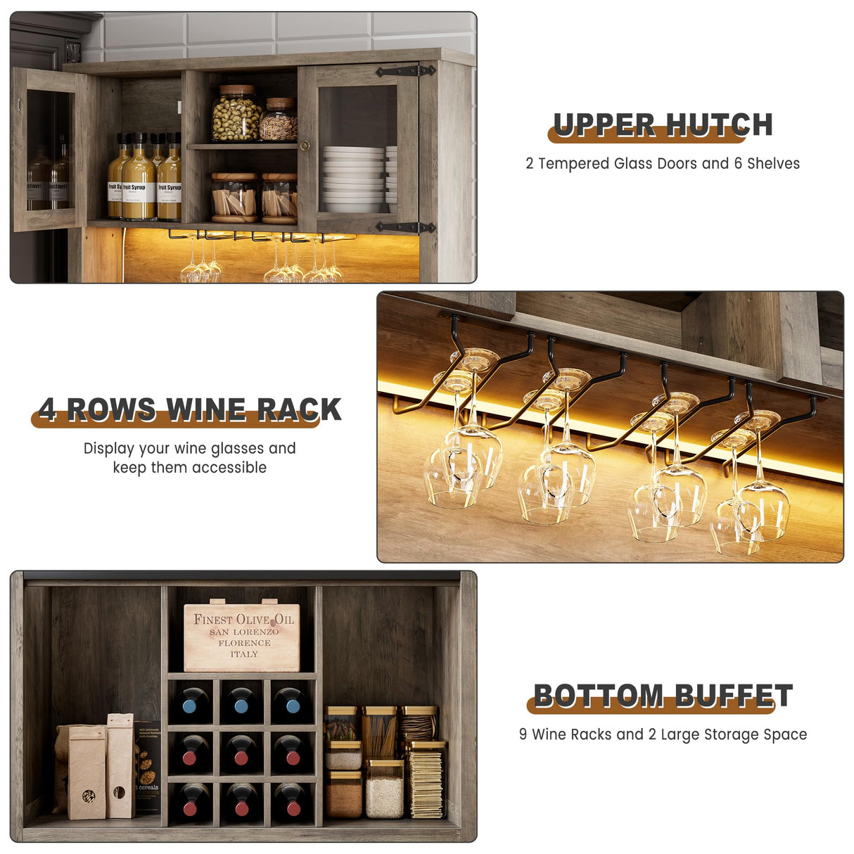 IDEALHOUSE 72" Modern Farmhouse Coffee Bar Cabinet with LED Lights & Power Outlets, Sliding Barn Doors, Rustic Gray Kitchen Buffet with Wine Storage, Ample Storage for Home Bar, Microwave IDEALHOUSE