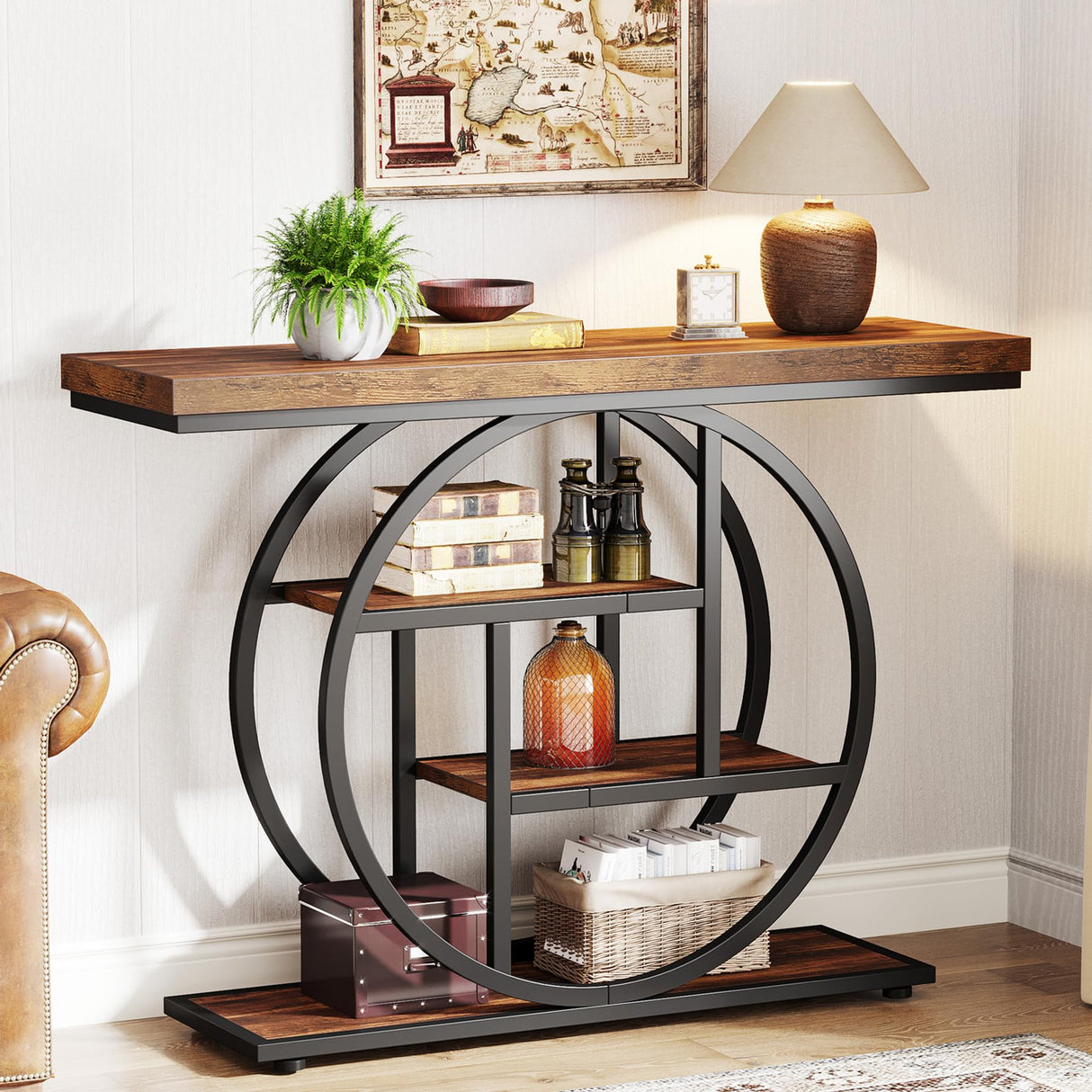 Tribesigns 41.3" Console Table, Industrial 4-Tier Sofa Table Entryway Table with Circle Base, Narrow Wood Accent Tables with Storage Shelves for Living Room, Hallway, Foyer, Rustic Brown Tribesigns