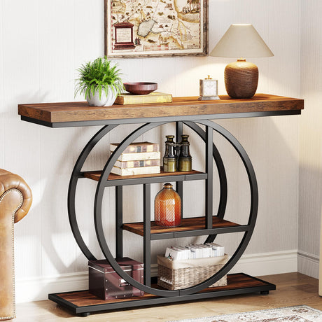 Tribesigns 41.3" Console Table, Industrial 4-Tier Sofa Table Entryway Table with Circle Base, Narrow Wood Accent Tables with Storage Shelves for Living Room, Hallway, Foyer, Rustic Brown Tribesigns