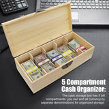 Mczxon Wooden Locking Currency Money Cash Tray with Coin Tray, 5 Compartment Wooden Cash Money Currency Organizer Storage Change Box Case Holder Moneyboxes with Lockable Cover 300 Money Wrappers Mczxon