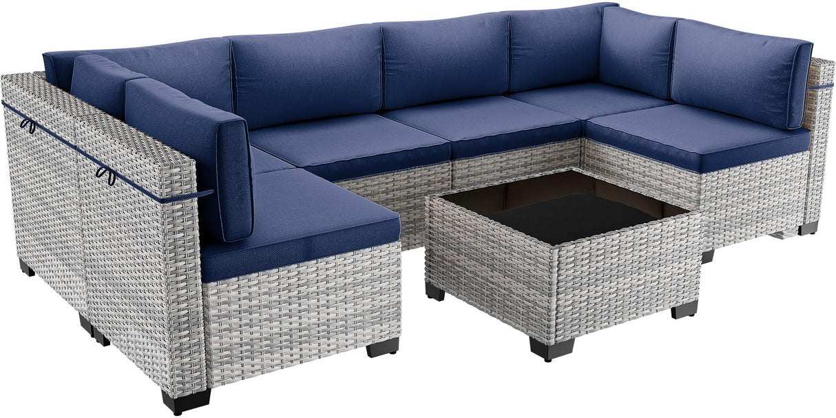 Sweecci 7-Piece Patio Furniture Set, Outdoor Sectional with Thick Cushions, Modular Patio Sofa, Dual-Strand Wicker Rattan, Rust-Resistant Frame, Backyard Furniture for Garden, Deck, Navy Blue Sweecci
