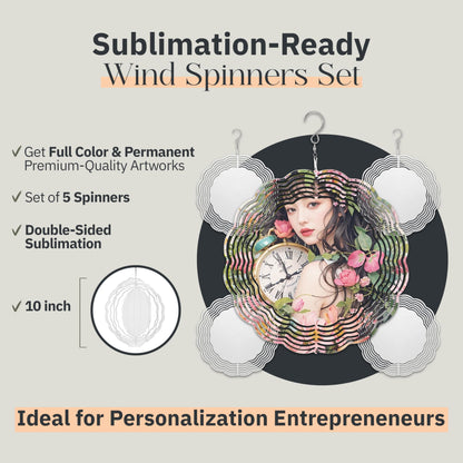 The Blank Station - 10 inch Sublimation Wind Spinner Blanks w/Customizable Felt Envelopes - Aluminum Metal Wind Spinner Outdoor Art - 3D Kinetic Sculpture Wind Spinners for Sublimation - 5 Pack