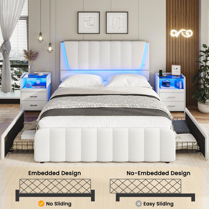 AOGLLATI White Queen Bed Frame with LED Headboard and 4 Storage Drawers - WoodArtSupply