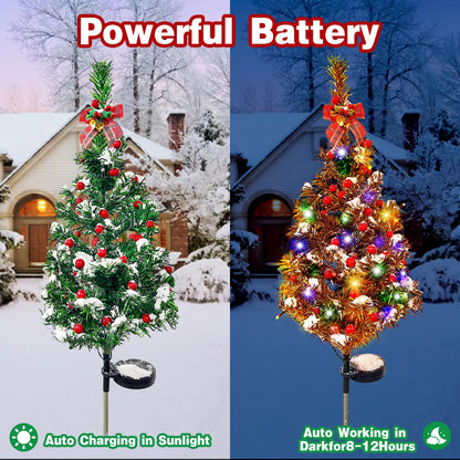 2PCS Solar Christmas Tree Lights Decorations Outdoor, Xmas Tree Solar Powered Christmas Yard Stake Waterproof With LED Lights, Red Berries, Red Bow, Suitable for Christmas Decoration Garden Patio Yard