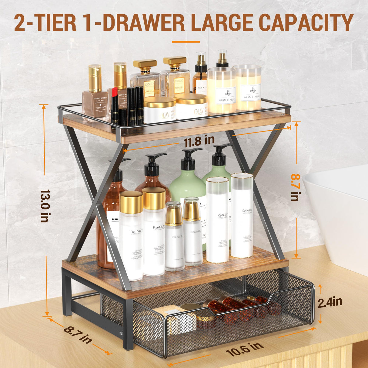 2 Tier Bathroom Counter Organizer with Drawer, Wood Vanity Bathroom Organizers and Storage for Perfume Skincare, Rustic Organizer Countertop Shelf for Bath Vanity Bedroom Kitchen Storage (Brown) Orapoke