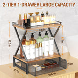 2 Tier Bathroom Counter Organizer with Drawer, Wood Vanity Bathroom Organizers and Storage for Perfume Skincare, Rustic Organizer Countertop Shelf for Bath Vanity Bedroom Kitchen Storage (Brown) Orapoke