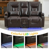 URRED Wall Hugger Loveseat Recliner Sofa with Flip Console, Power Reclining Loveseat RV Couch with LED Lights, Bluetooth, USB Ports, Outlets, Cup Holders, Side Pockets, Faux Leather, Dark Brown URRED