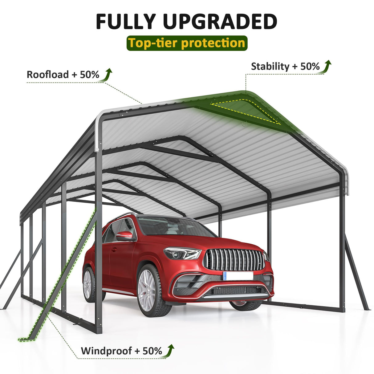 DAUSOLA Carport 12x20 FT Heavy Duty Carports Canopy with Updated Frame Structure Galvanized Steel Roof and Enhanced Base, Metal Carport Garage for Pickup, Boat, Car and Tractors DAUSOLA