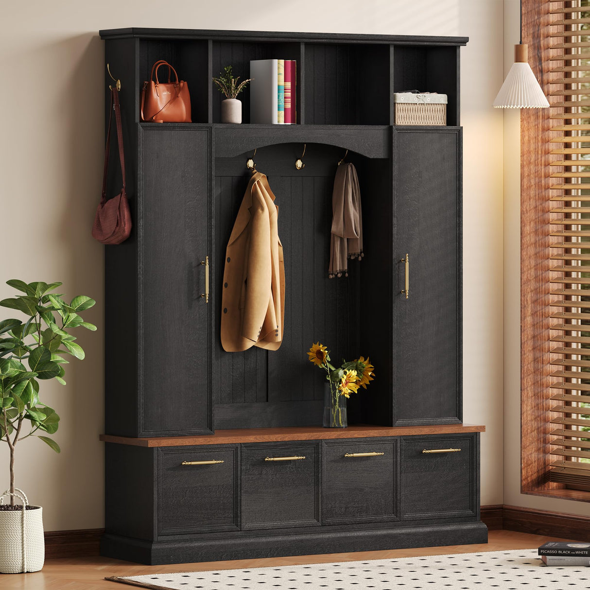 Merax 59" Farmhouse Hall Tree with Golden Hooks & Walnut Bench, Entryway Organizer with Adjustable Shelves, Shoe Storage, Anti-Tip for Mudroom, Living Room, Black Merax