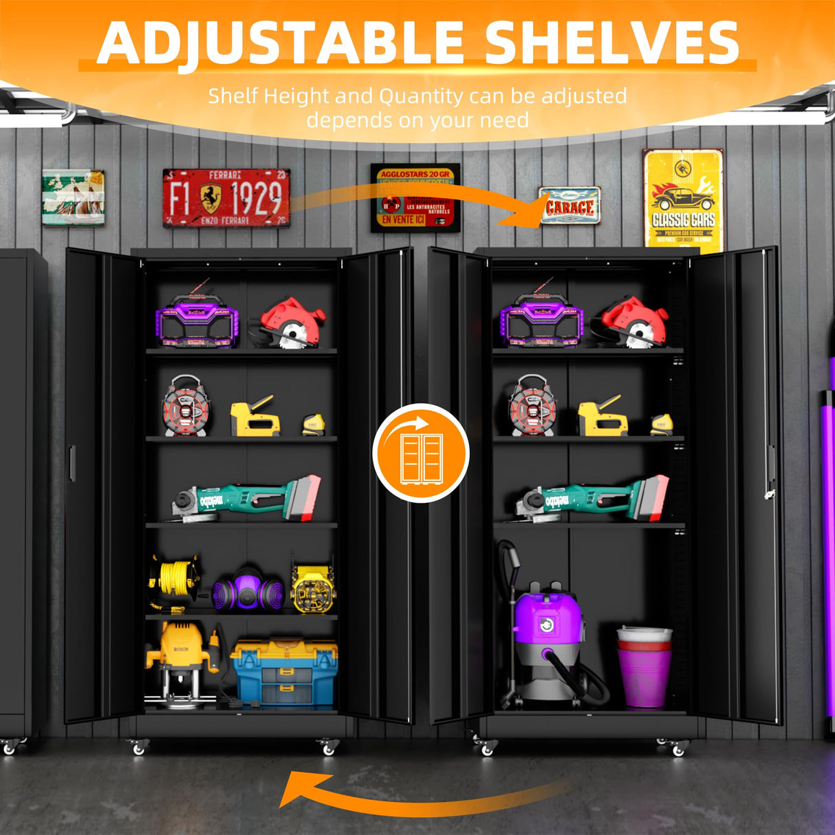 Bonusall 73" H Metal Storage Lockers with Wheels,Rolling Garage Cabinet with Locking Doors and 4 Adjustable Shelves,Metal Locker Organizer Cabinet for Garage,Office,Kitchen,Basement(Black) Bonusall