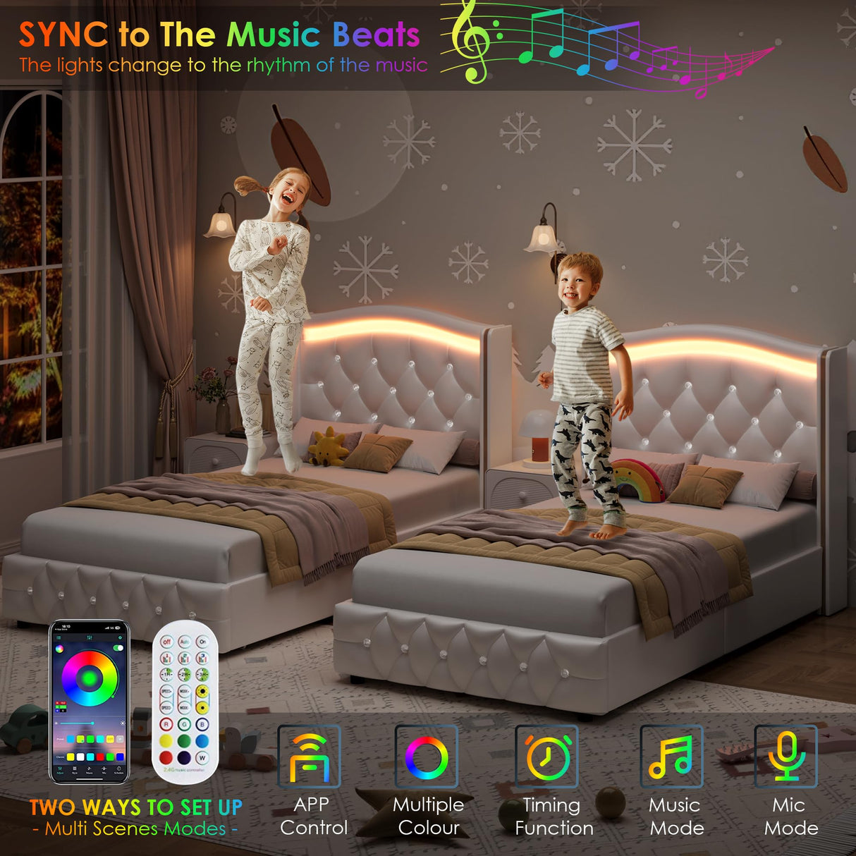 HIFIT Full Smart LED Platform Bed Frame with 4 Storage Drawers, Crystal Button-Tufted & Stainless Gold Trim Wingback Headboard, Modern PU Upholstered White /No Box Spring Needed/Easy Assembly HIFIT