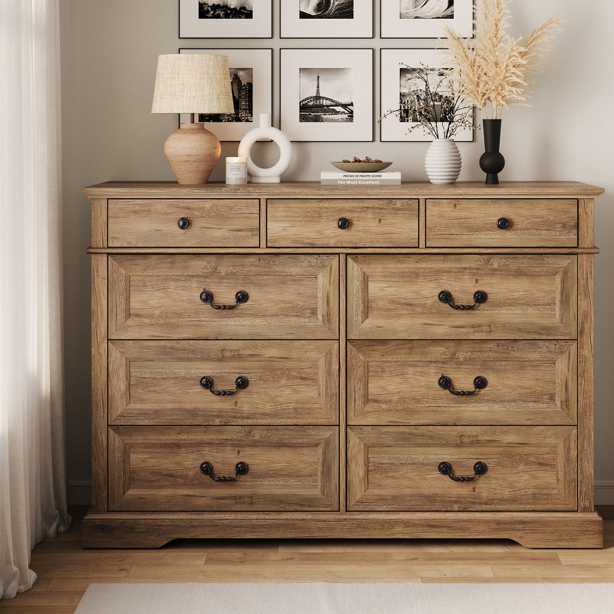LINSY HOME 9 Drawers Dresser for Bedroom, Wide Wood Chest of Drawers with Metal Handle, Farmhouse Tall Drawer Organizer for Bedroom, Closet, Living Room, Hallway and Entryway, Rustic Oak LINSY HOME