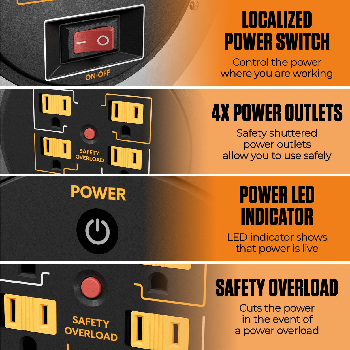 Masterplug 100ft Cord Reel, Metal Cable Drum, Retractable Extension Lead with Winding Handle, Safety Overload Circuit Breaker and Power Switch, 4x Grounded Outlets, 15amps, 12AWG Cable Masterplug