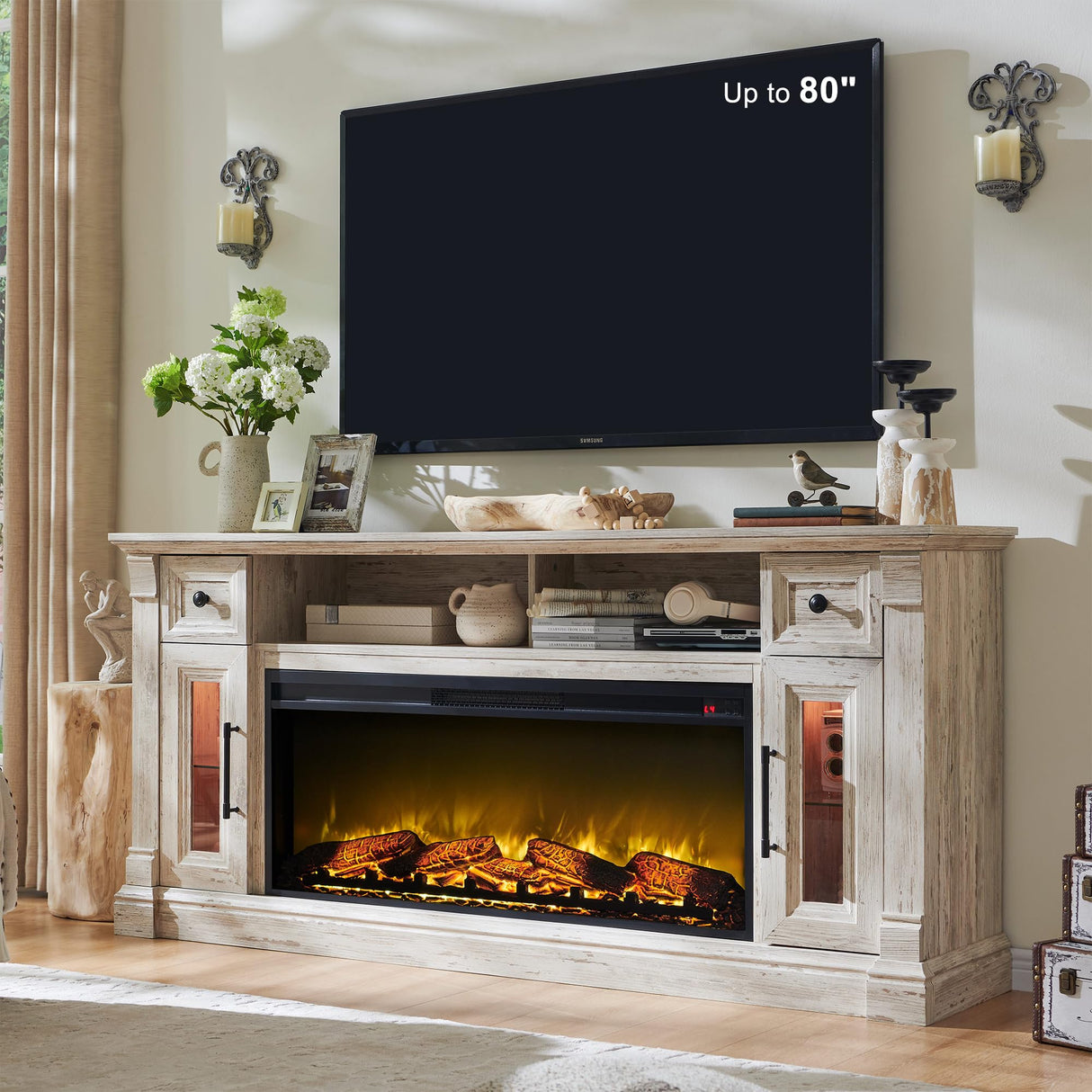 OKD Fireplace TV Stand for 80 Inch TV - Farmhouse Entertainment Center with 42" Electric Fireplace & LED Lights, Wood Media Console with Storage Drawers & Cabinets for Living Room, Antique Brush White OKD