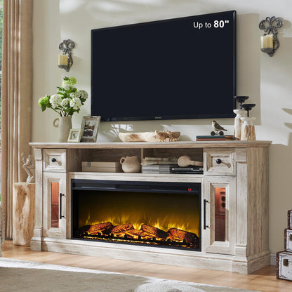 OKD Fireplace TV Stand for 80 Inch TV - Farmhouse Entertainment Center with 42" Electric Fireplace & LED Lights, Wood Media Console with Storage Drawers & Cabinets for Living Room, Antique Brush White