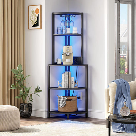 YITAHOME Corner Shelf with Power Outlets & LED Lights & Glass Holder, 5 Tier Corner Bar Rack, Corner Bookshelf Bookcase Display Shelves for Living Room, Dining Room, Kitchen, Black YITAHOME