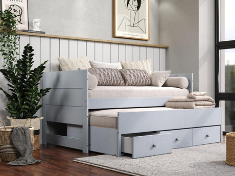 Bedz King All in One Twin Bed with Twin Trundle and 3 Built in Drawers, Breezy Blue Bedz King