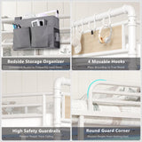 Jocoevol Full Size Loft Bed with L-Shaped Desk, LED Lights,Charging Station, Industrial Heavy Duty Metal Loft Bed Frame with 3 Storage Shelves and 3 Fabric Drawers, Safety Guard & Ladder, White Jocoevol