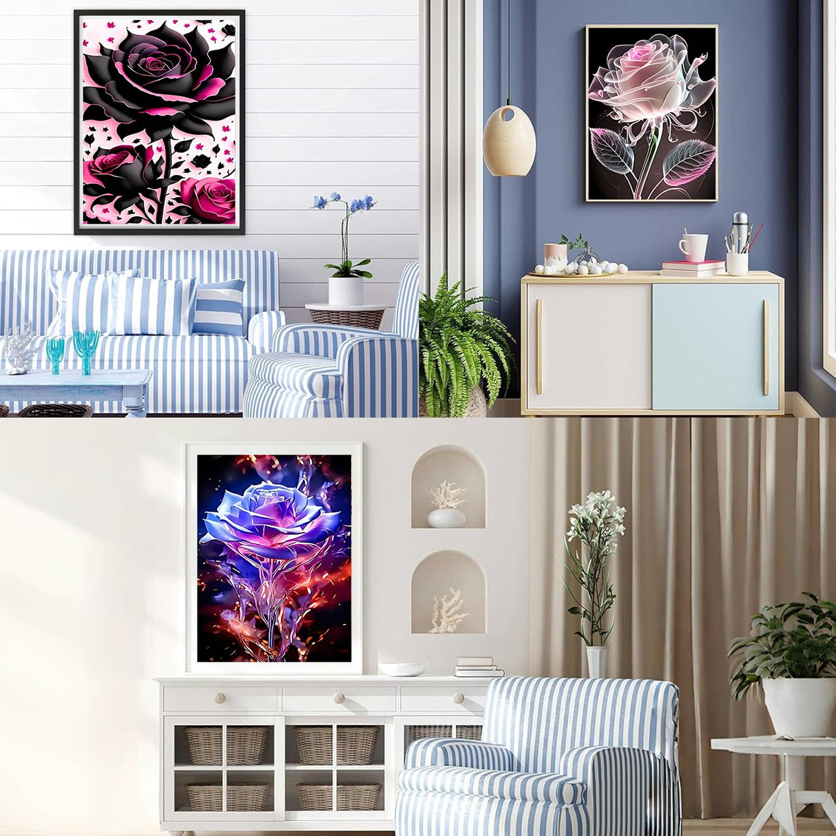 EIBEILI Diamond Art Kits for Adults - 3 Pack Rose Diamond Painting Kits for Adults Beginner,5D Round Full Drill Gem Art DIY Crafts Kits for Gift Home Wall Decor 12x16inch EIBEILI