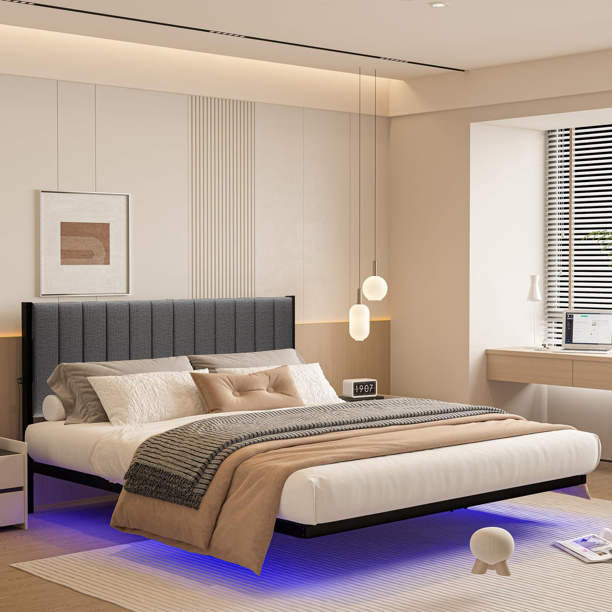 ARFARLY Floating Queen Bed Frame with LED Lights and Charging Station, Metal Platform Bed Frame Queen Size with Upholstered Headboard, No Box Spring Needed, Anti-Noise, Easy to Assemble ARFARLY
