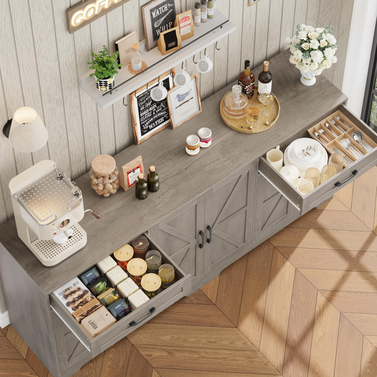 BOTLOG 71” Large Sideboard Buffet Cabinet with Storage, Farmhouse Kitchen Buffet Cabinet with Adjustable Shelves and 6 Barn Doors, Wood Coffee Wine Bar Console Table for Kitchen, Dining Room, Ash Grey BOTLOG