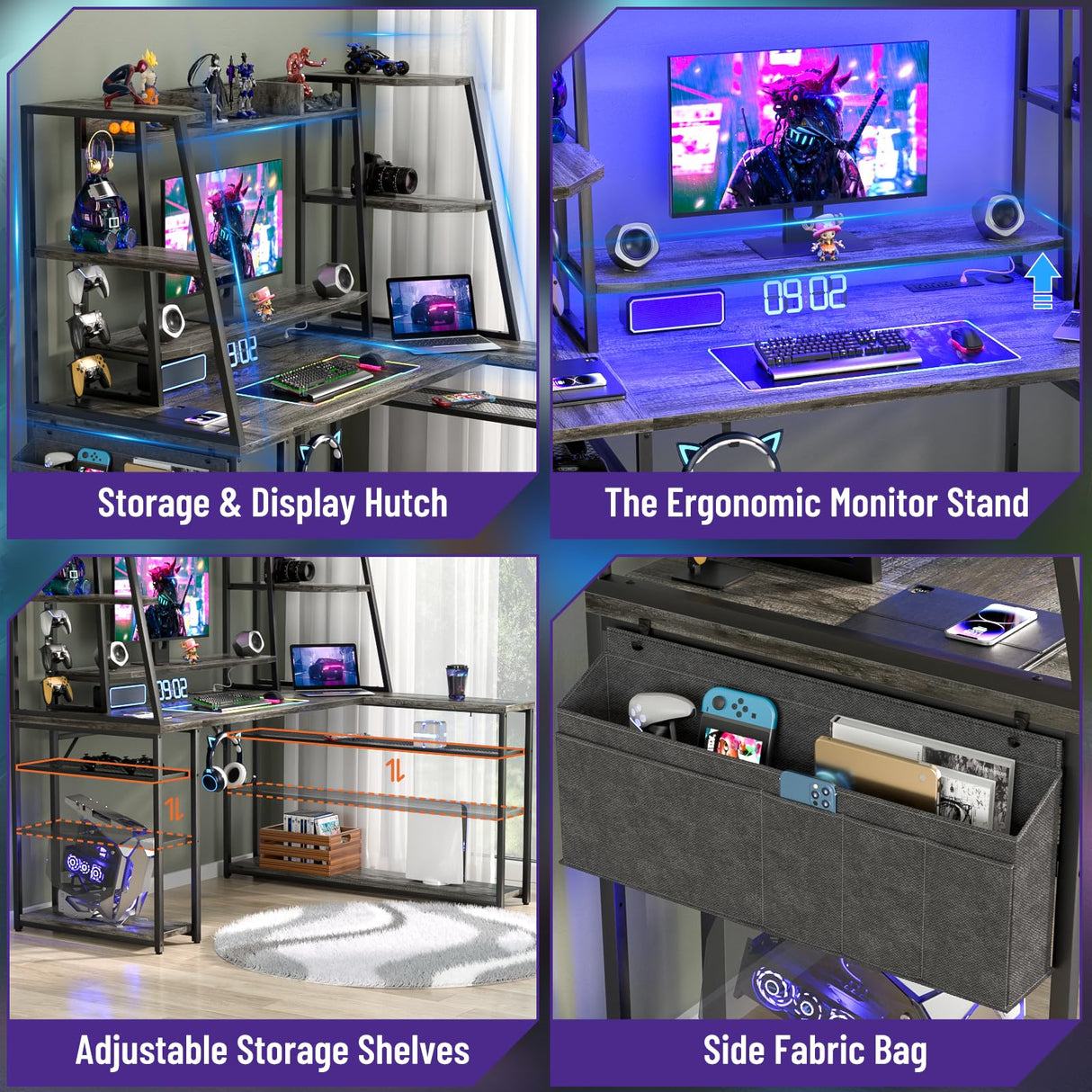 armocity L Shaped Gaming Desk with Hutch & Shelves, 47'' Gaming Computer Desk with LED Lights & Outlets, PC Gaming Desk with Storage & Monitor Stand, Grey Oak armocity