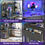 armocity L Shaped Gaming Desk with Hutch & Shelves, 47'' Gaming Computer Desk with LED Lights & Outlets, PC Gaming Desk with Storage & Monitor Stand, Grey Oak armocity