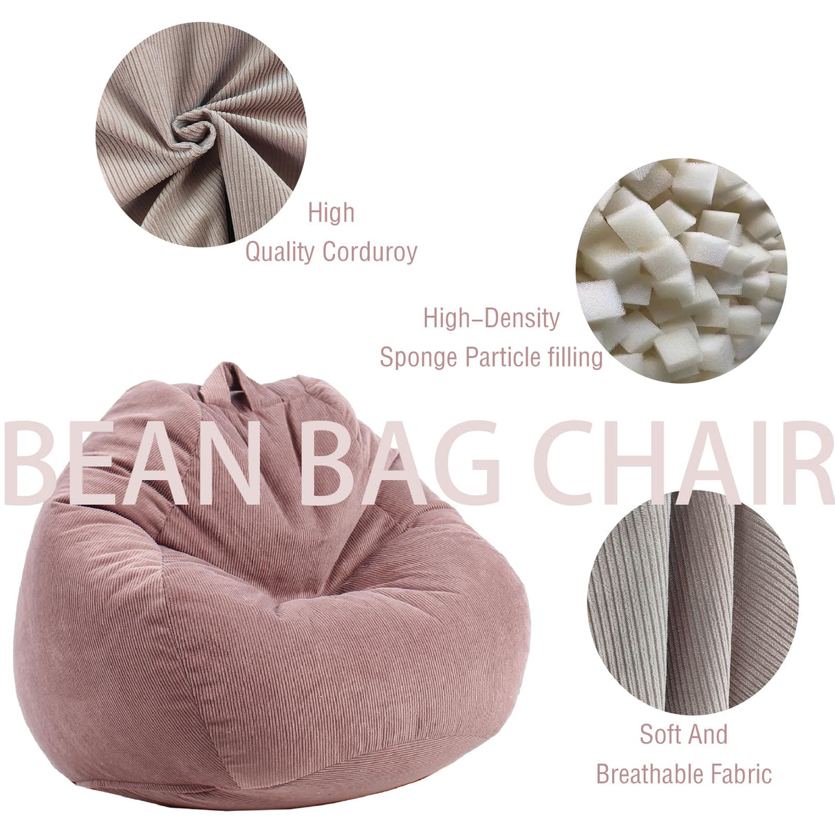 Gurxien Bean Bag Chairs with Corduroy Cover Removable, 3 Ft Large Memory Foam Bean Bag Chairs for Kidswith Filling,Round Fluffy Sofa Chair for Living Room Bedroom Gurxien