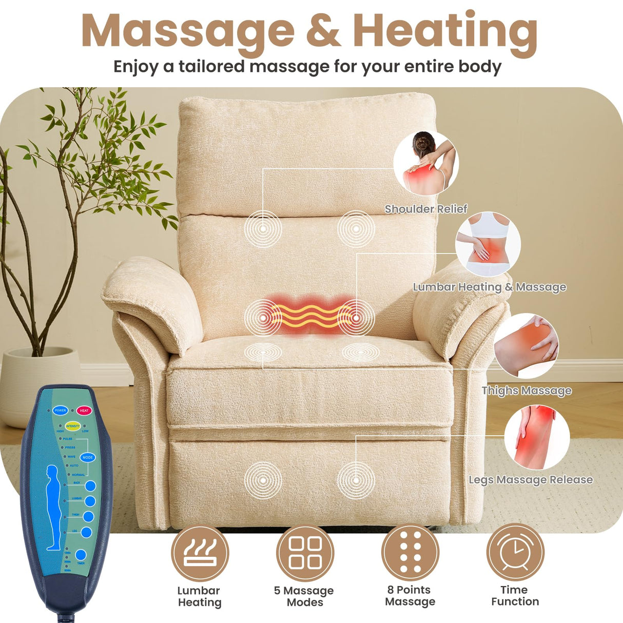 Rhevoy Oversized Power Recliner Chair Swivel Glider with Massage and Heat, Rocker Nursery Recliner for Adults with Adjustable Headrest, 26" Extra Wide Nursery Chair with Overstuffed Armrest,Beige Rhevoy