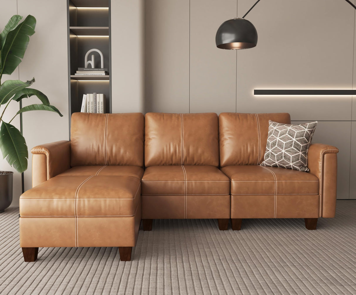 SITJOY Faux Leather 4 Seat L Shape Modular Sofa with Storage Ottoman, L Shaped Sectional Couches for Living Room, 92 inch Width, Brown SITJOY
