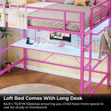 DICTAC Loft Bed Full Size with Desk and Led Lights Metal Full Loft Bed with Power Outlet Full Size Bed Frame with Top Bunk and Safety Guard & Ladder, Space-Saving,No Noise,No Box Spring Needed, Pink DICTAC