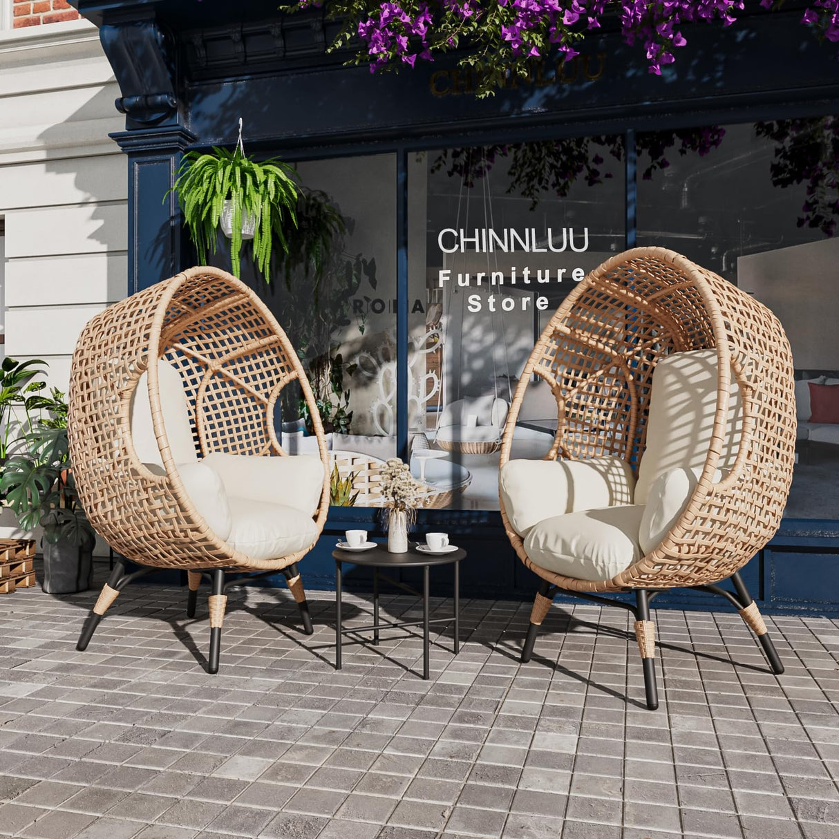 CHINNLUU Outdoor Egg Chair Wicker Oversized Egg Basket Chair with Stand Lounger Chairs with Cushion 500lbs Capacity for Patio Garden Backyard Balcony CHINNLUU