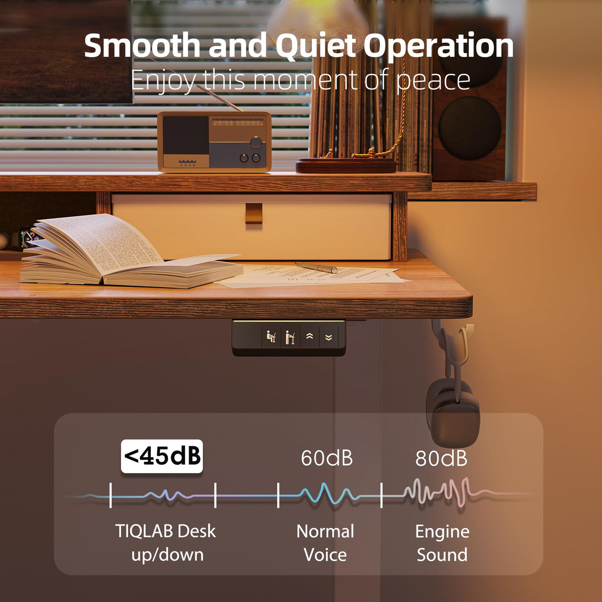 TIQLAB 48 * 28 Inch Standing Desk with Four Drawers, Electric Sit Stand Table, Stand Up Desk Adjustable Height with Storage Shelf, Splice Board, Maple TIQLAB