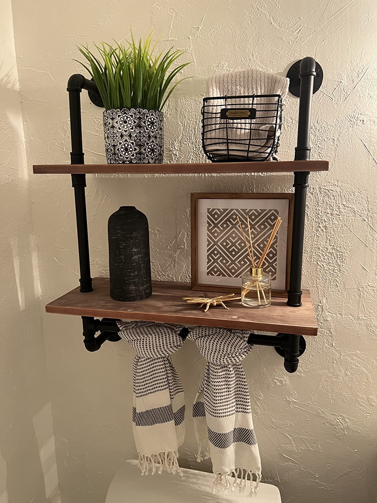 ROGMARS Industrial Pipe Shelf Floating Shelves for Bathroom,Farmhouse Shelves with Towel Bar, Towel Rack Over Toilet Shelf, Rustic Wall Wood Shelves 19.7 Inch